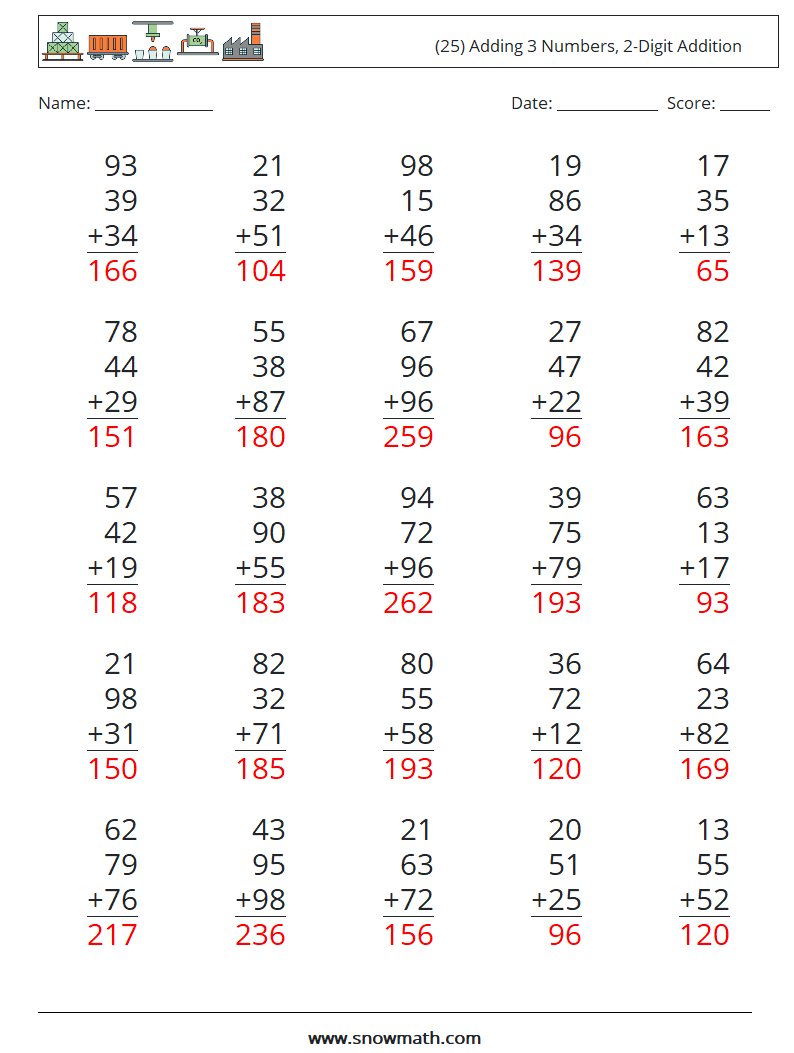 (25) Adding 3 Numbers, 2-Digit Addition Maths Worksheets 5 Question, Answer