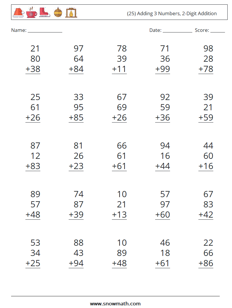 (25) Adding 3 Numbers, 2-Digit Addition Maths Worksheets 6