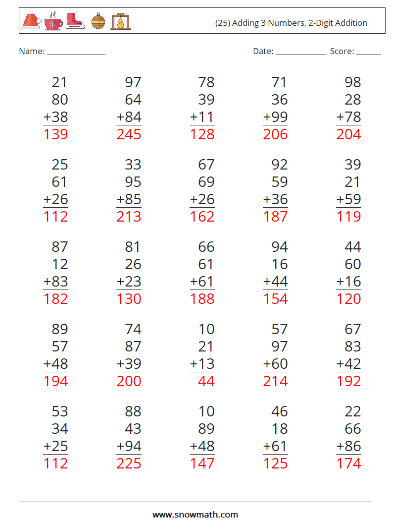 (25) Adding 3 Numbers, 2-Digit Addition Maths Worksheets 6 Question, Answer