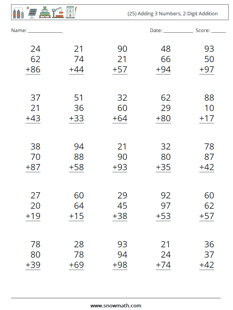 (25) Adding 3 Numbers, 2-Digit Addition Maths Worksheets 7