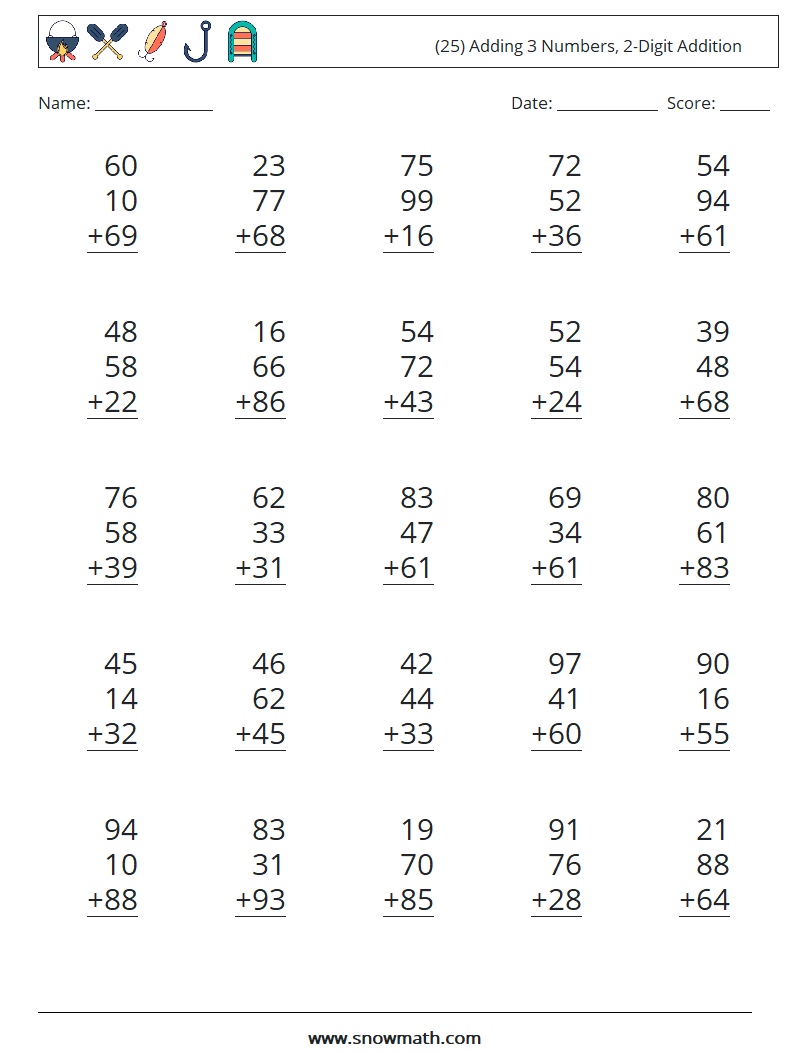 (25) Adding 3 Numbers, 2-Digit Addition Maths Worksheets 8