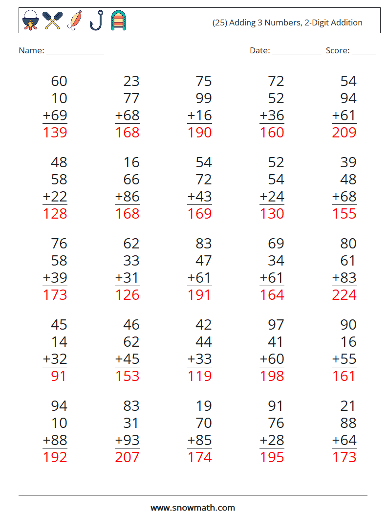 (25) Adding 3 Numbers, 2-Digit Addition Maths Worksheets 8 Question, Answer