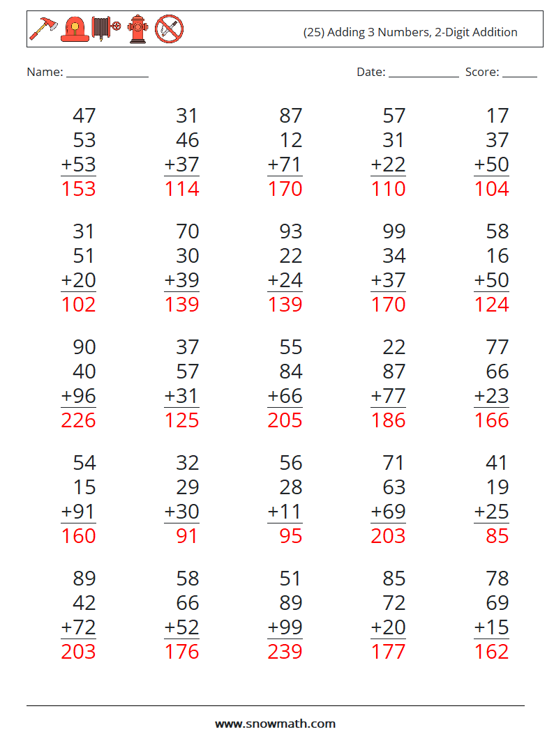 (25) Adding 3 Numbers, 2-Digit Addition Maths Worksheets 9 Question, Answer