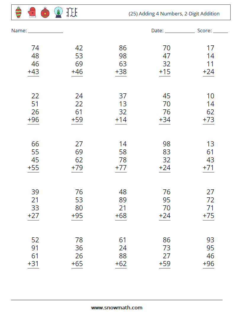 (25) Adding 4 Numbers, 2-Digit Addition Maths Worksheets 1