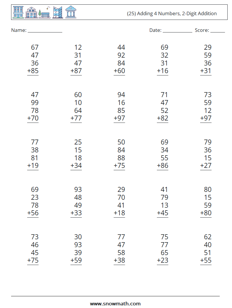 (25) Adding 4 Numbers, 2-Digit Addition Maths Worksheets 10