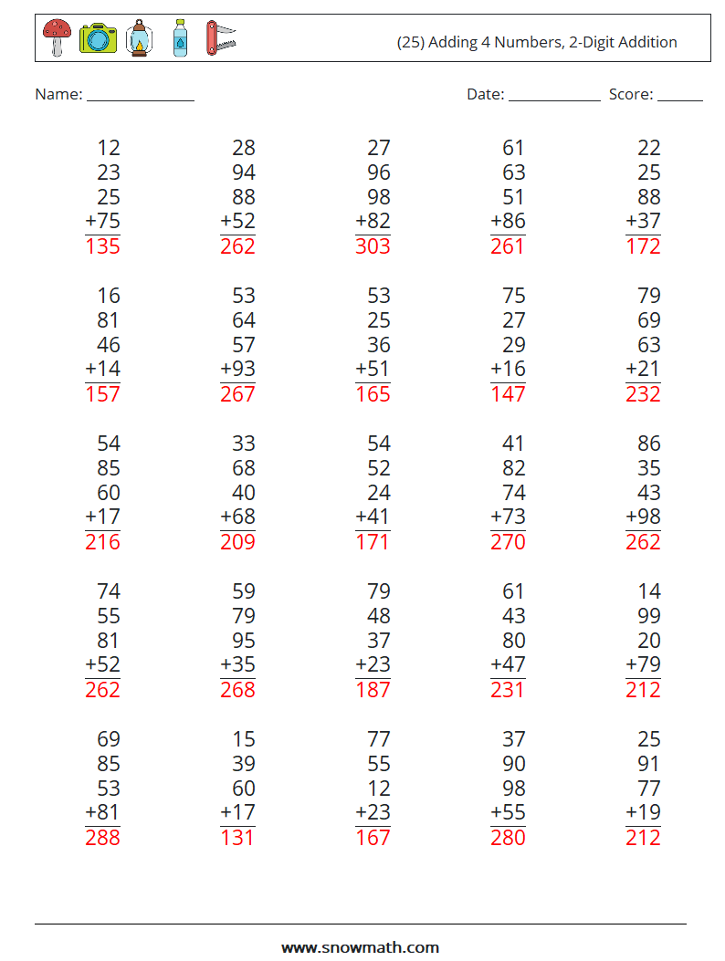 (25) Adding 4 Numbers, 2-Digit Addition Maths Worksheets 11 Question, Answer