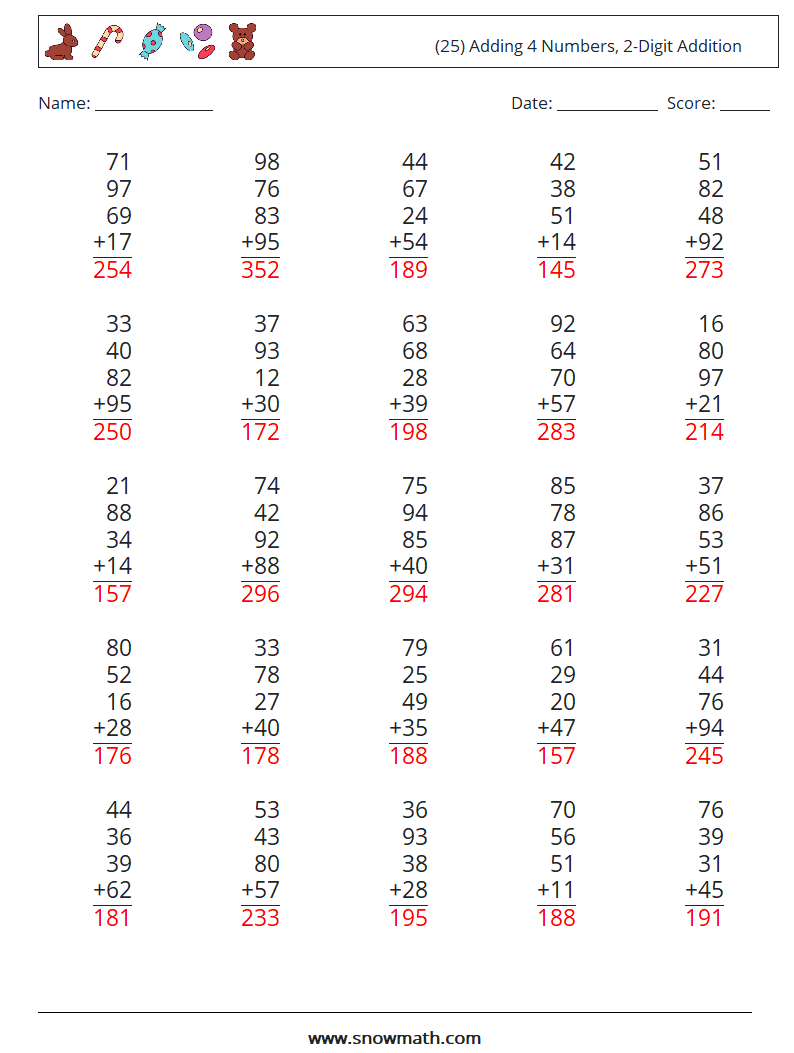 (25) Adding 4 Numbers, 2-Digit Addition Maths Worksheets 12 Question, Answer