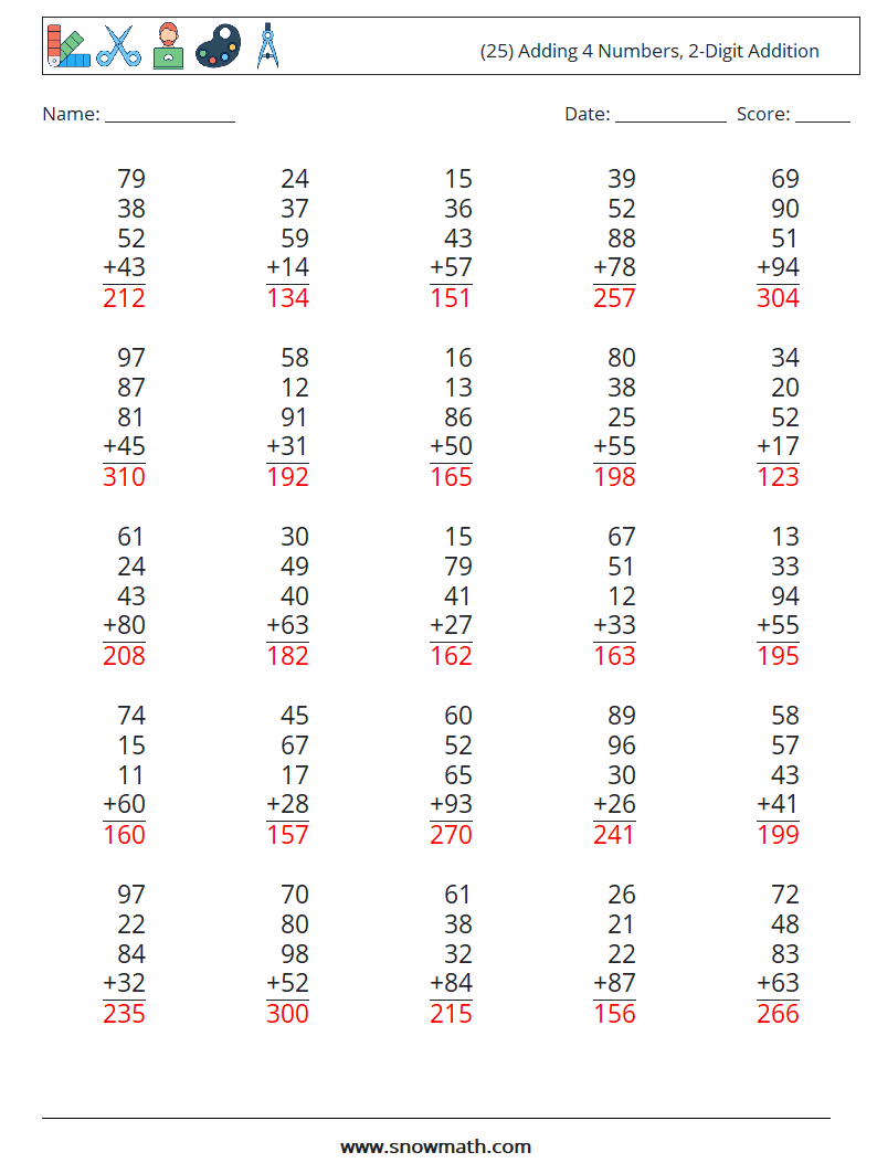 (25) Adding 4 Numbers, 2-Digit Addition Maths Worksheets 14 Question, Answer