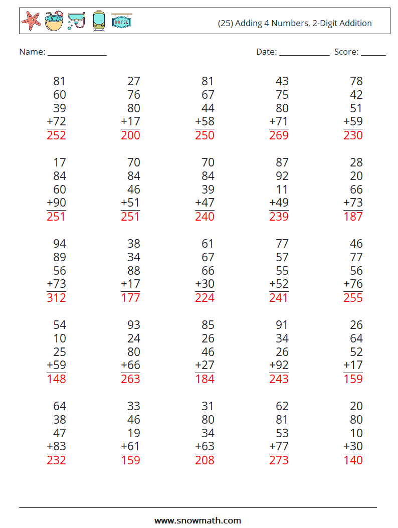 (25) Adding 4 Numbers, 2-Digit Addition Maths Worksheets 15 Question, Answer