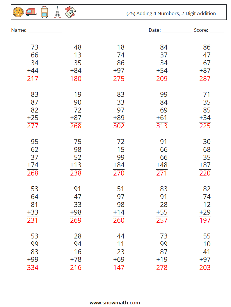 (25) Adding 4 Numbers, 2-Digit Addition Maths Worksheets 17 Question, Answer