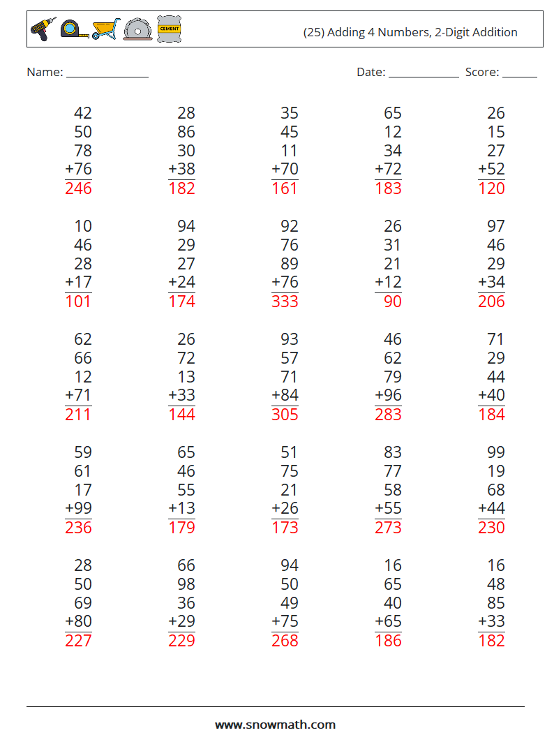 (25) Adding 4 Numbers, 2-Digit Addition Maths Worksheets 18 Question, Answer