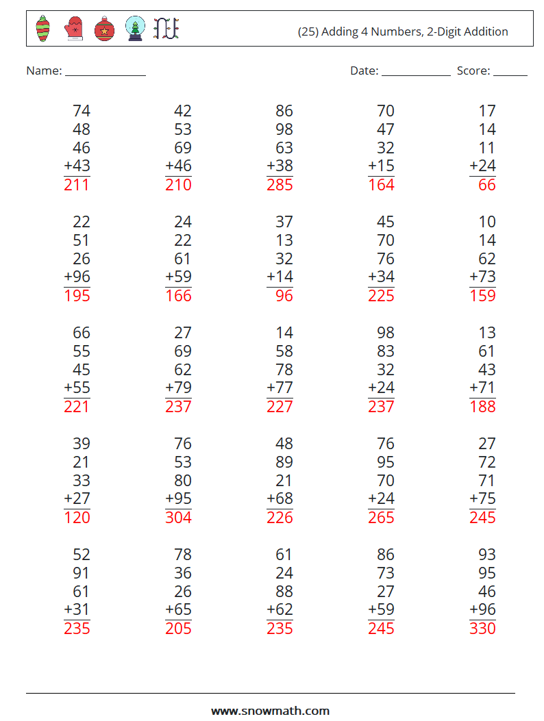 (25) Adding 4 Numbers, 2-Digit Addition Maths Worksheets 1 Question, Answer