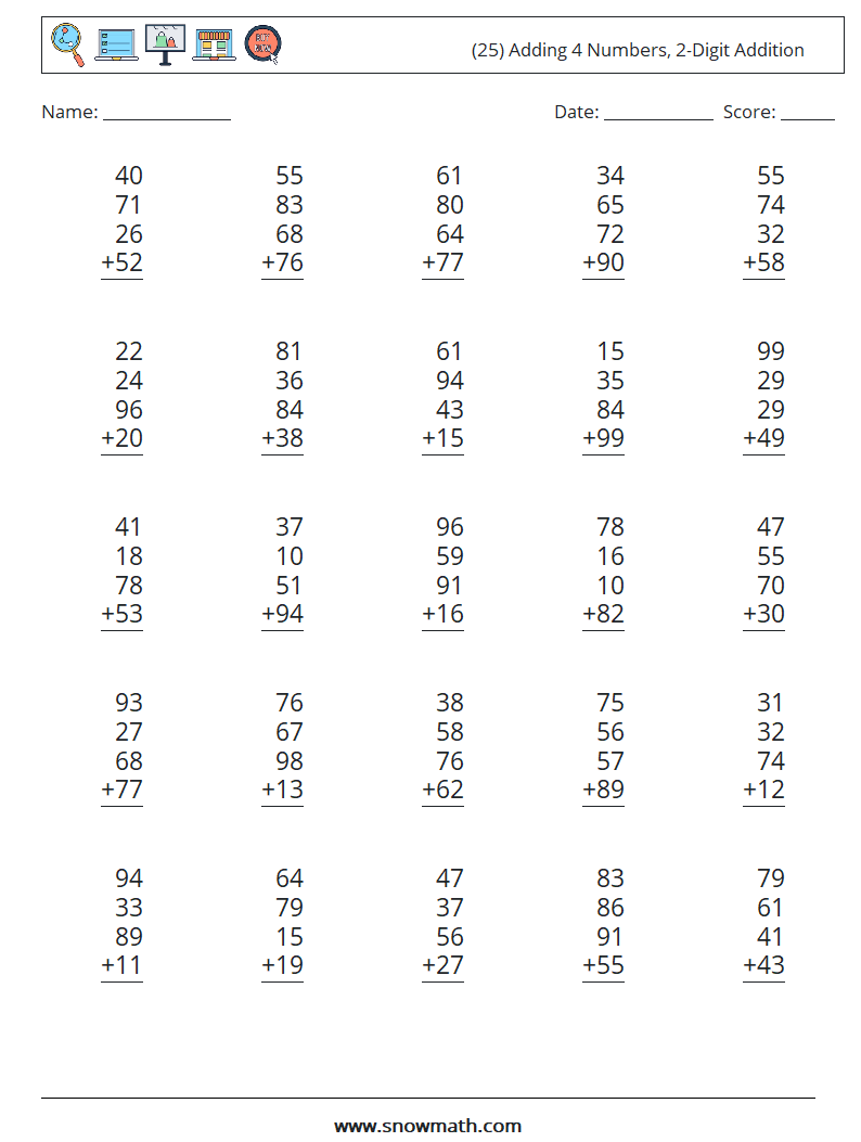 (25) Adding 4 Numbers, 2-Digit Addition Maths Worksheets 2