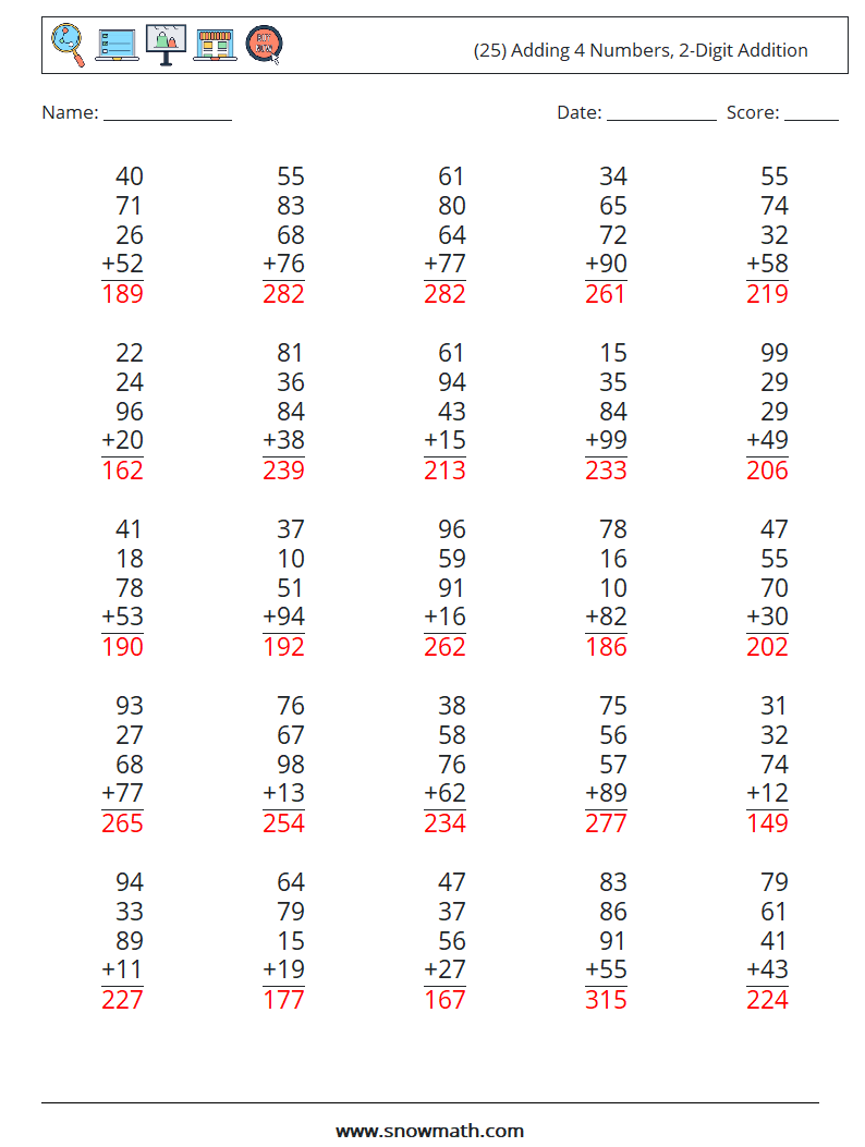 (25) Adding 4 Numbers, 2-Digit Addition Maths Worksheets 2 Question, Answer