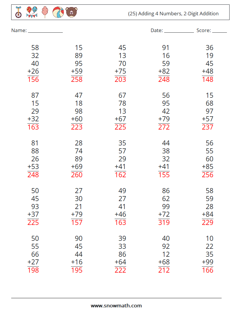 (25) Adding 4 Numbers, 2-Digit Addition Maths Worksheets 3 Question, Answer