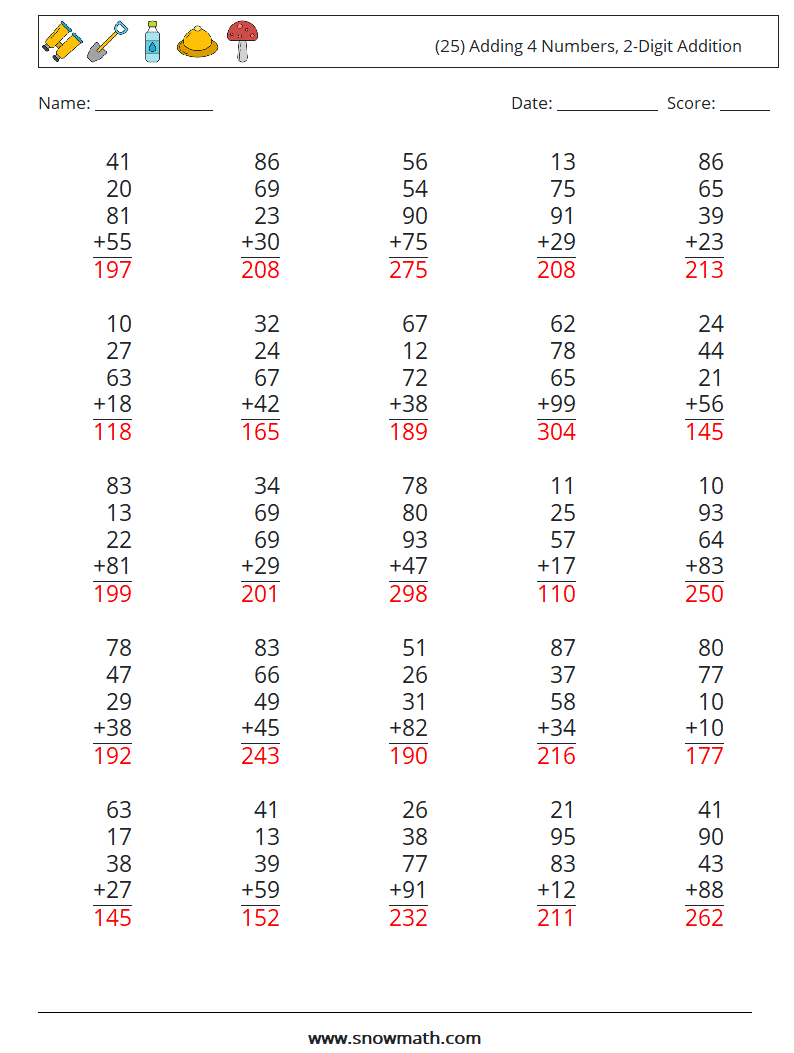 (25) Adding 4 Numbers, 2-Digit Addition Maths Worksheets 4 Question, Answer