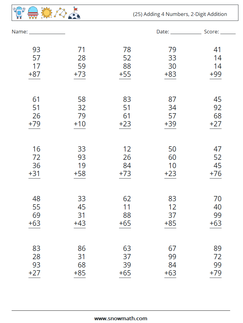 (25) Adding 4 Numbers, 2-Digit Addition Maths Worksheets 5