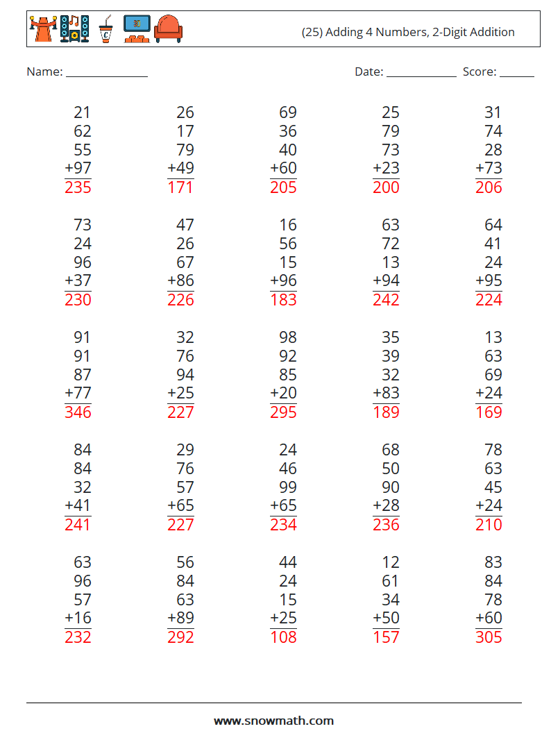 (25) Adding 4 Numbers, 2-Digit Addition Maths Worksheets 6 Question, Answer