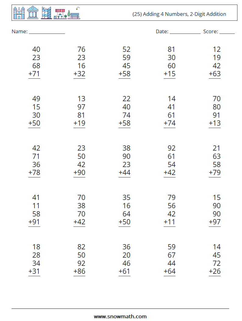 (25) Adding 4 Numbers, 2-Digit Addition Maths Worksheets 7