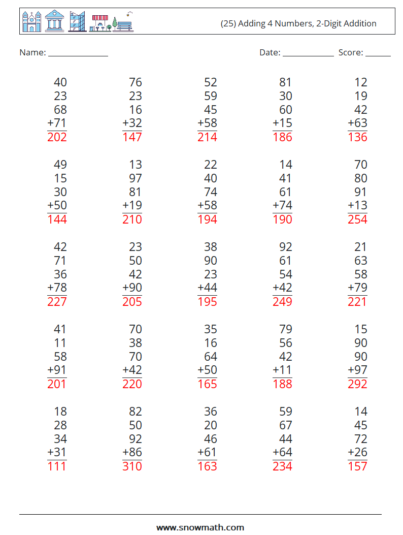 (25) Adding 4 Numbers, 2-Digit Addition Maths Worksheets 7 Question, Answer