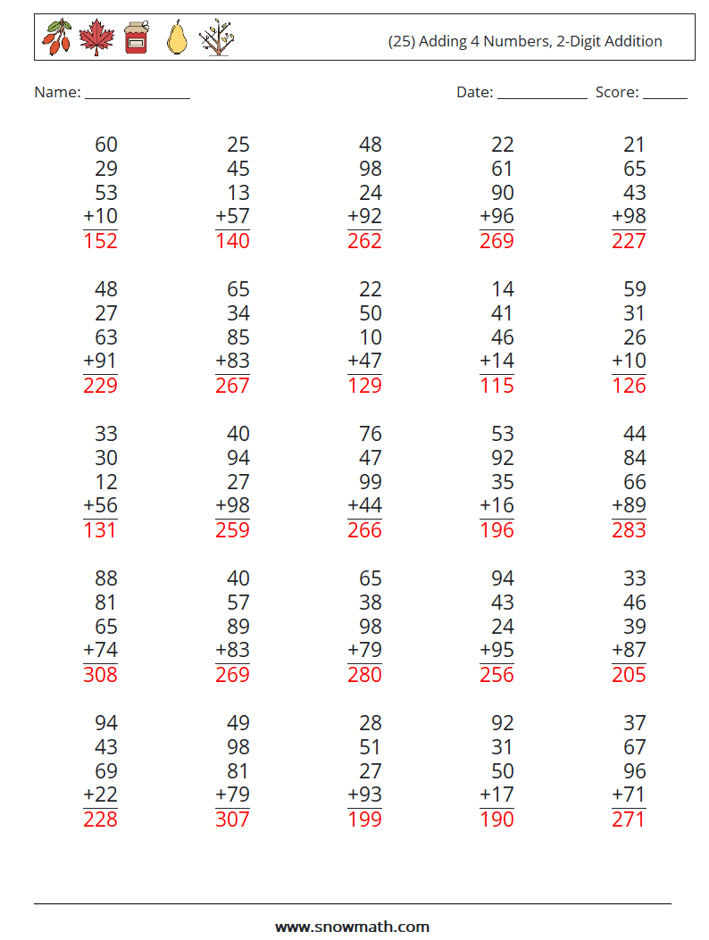 (25) Adding 4 Numbers, 2-Digit Addition Maths Worksheets 8 Question, Answer