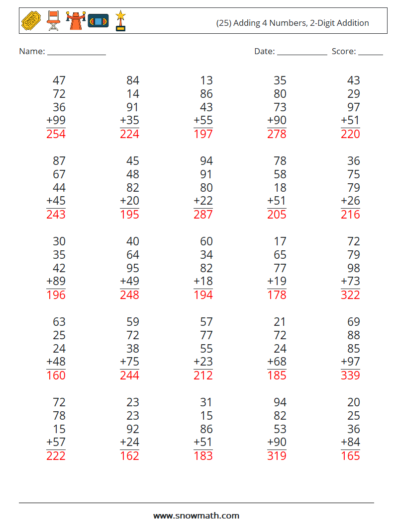 (25) Adding 4 Numbers, 2-Digit Addition Maths Worksheets 9 Question, Answer