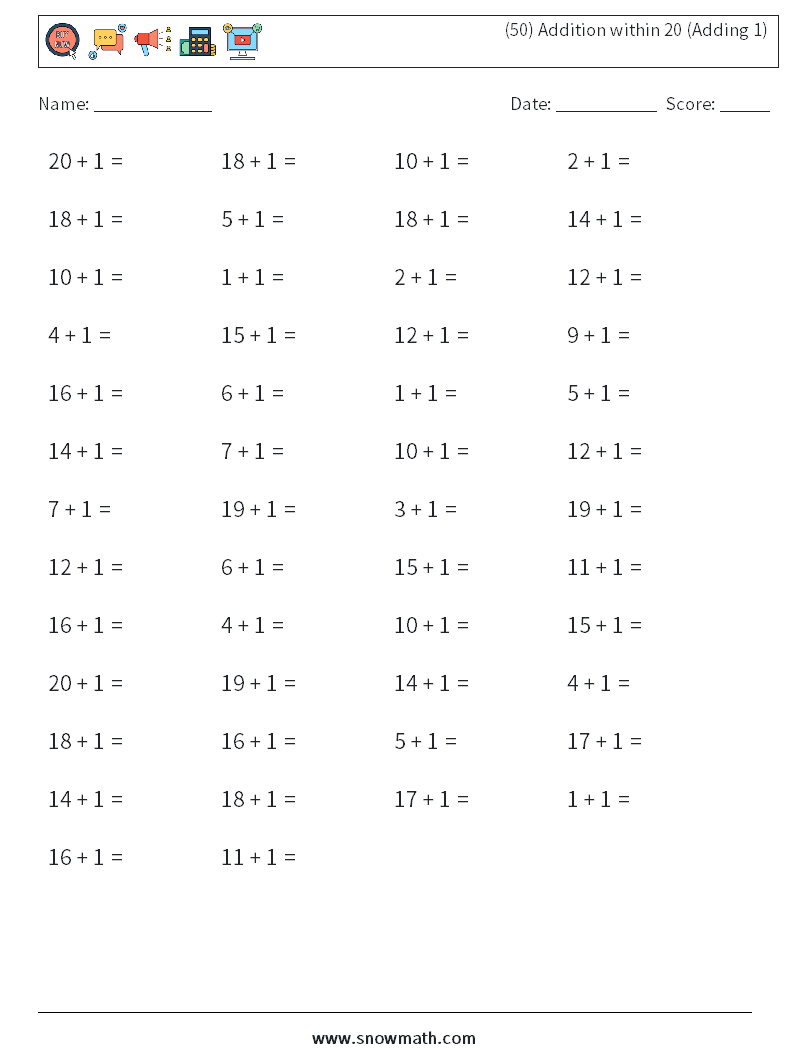 (50) Addition within 20 (Adding 1) Maths Worksheets 1