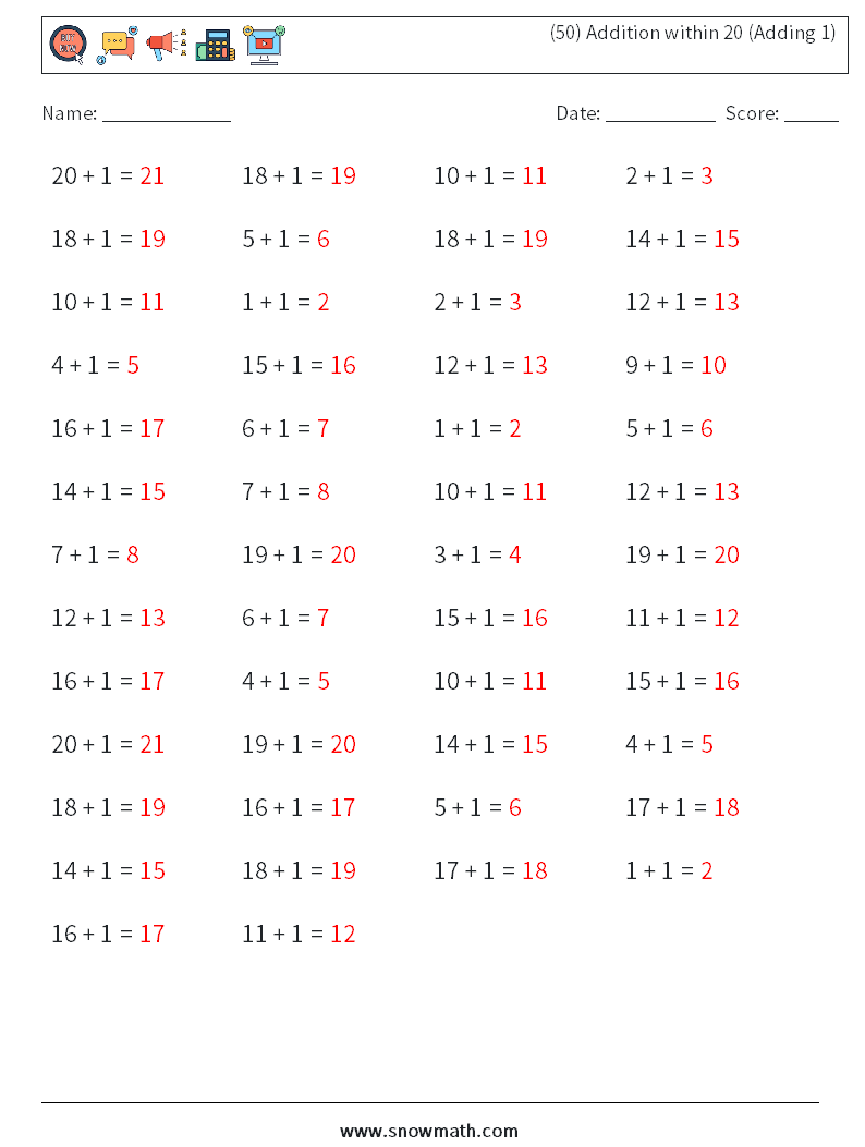 (50) Addition within 20 (Adding 1) Maths Worksheets 1 Question, Answer