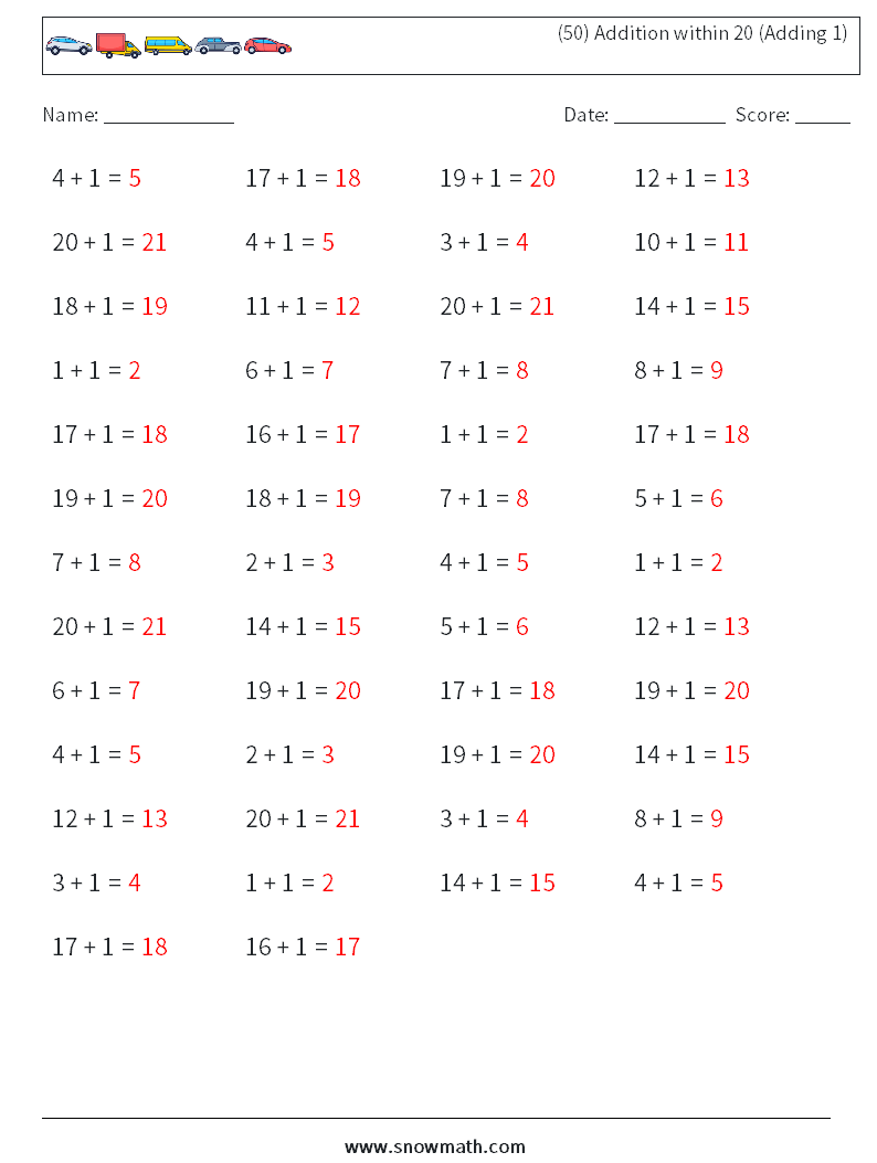 (50) Addition within 20 (Adding 1) Maths Worksheets 2 Question, Answer