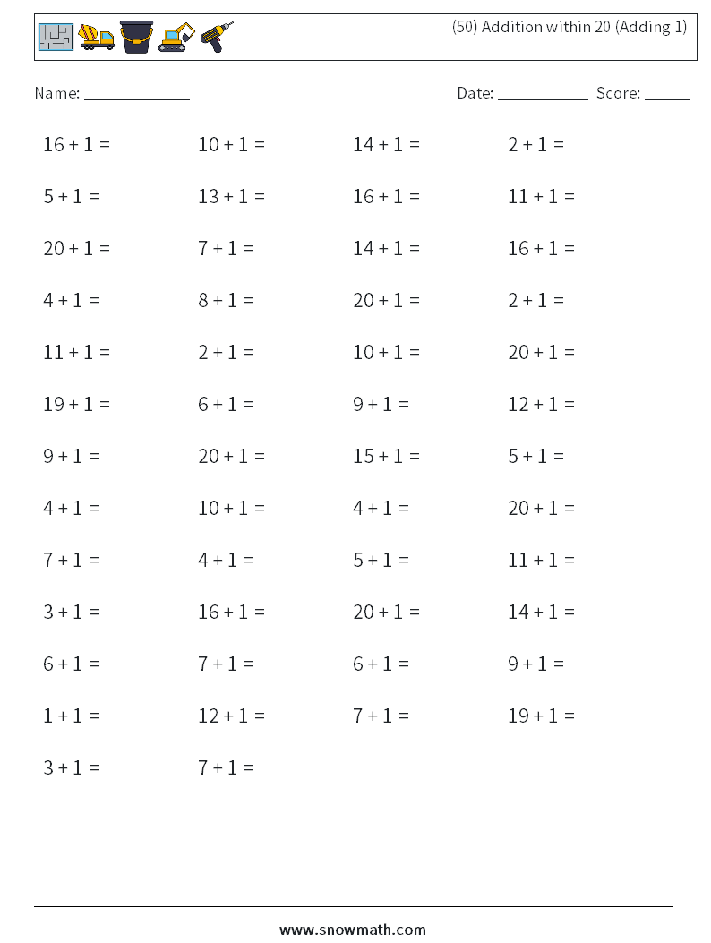 (50) Addition within 20 (Adding 1) Maths Worksheets 4