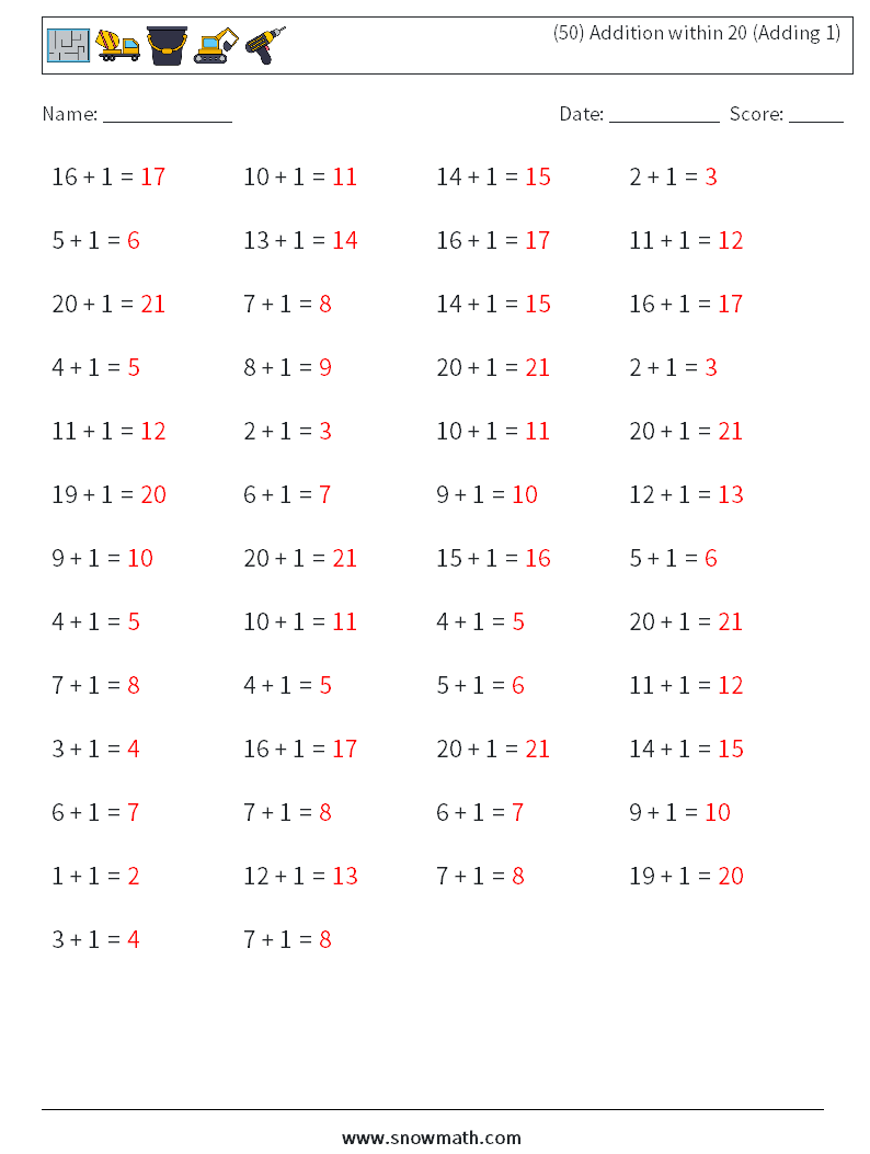 (50) Addition within 20 (Adding 1) Maths Worksheets 4 Question, Answer