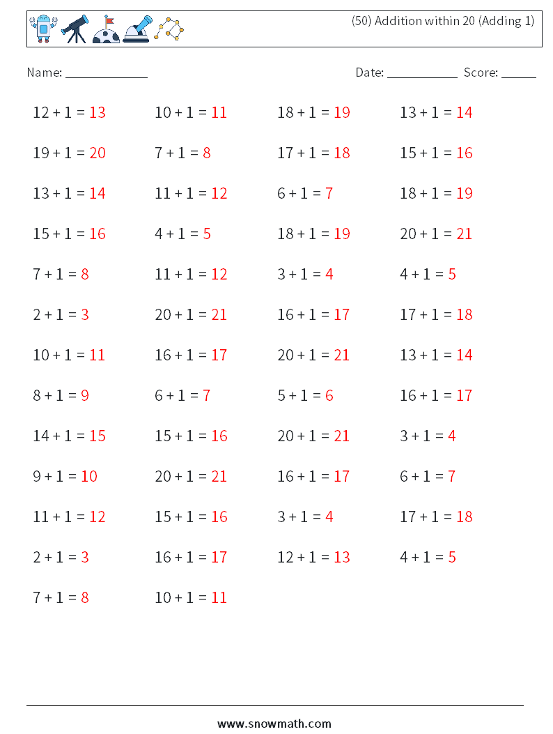 (50) Addition within 20 (Adding 1) Maths Worksheets 5 Question, Answer