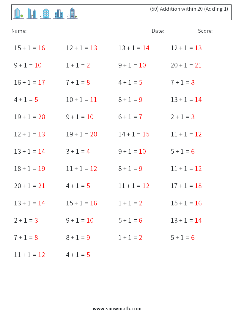 (50) Addition within 20 (Adding 1) Maths Worksheets 6 Question, Answer