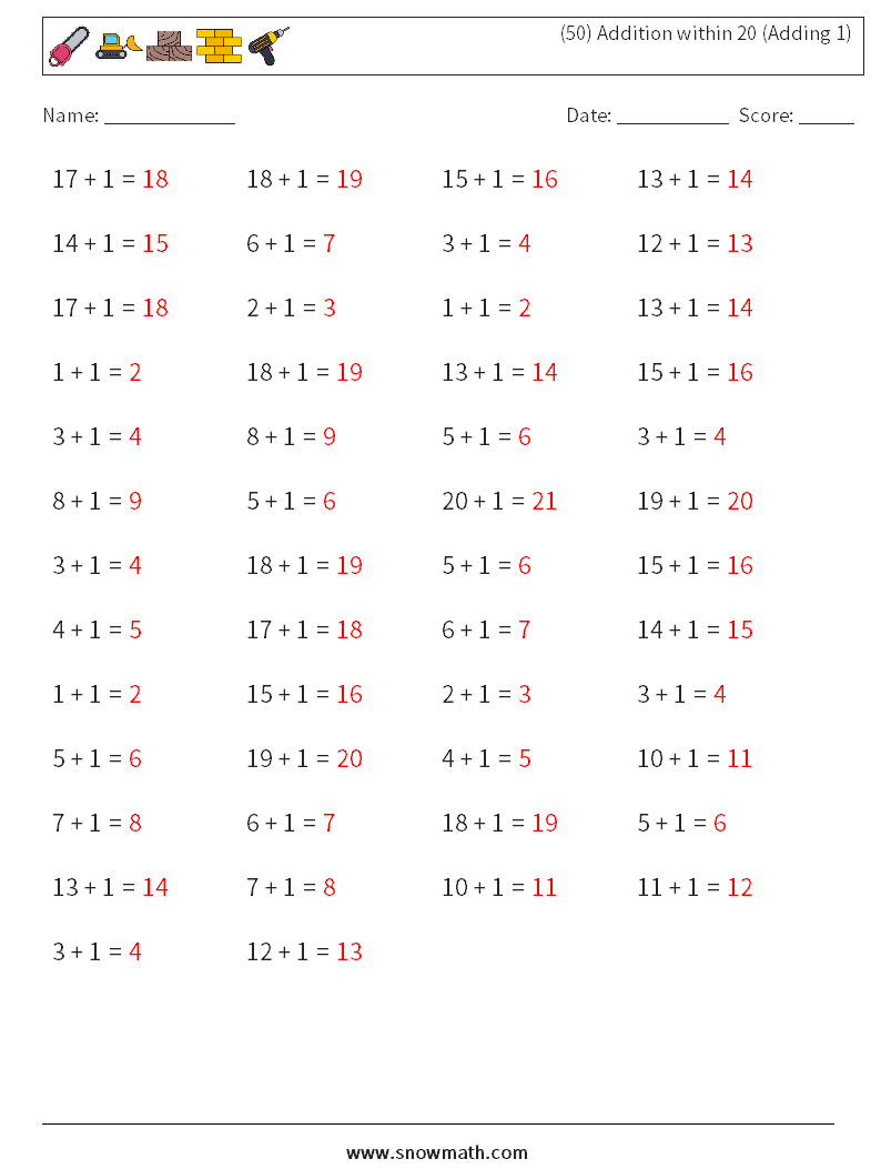 (50) Addition within 20 (Adding 1) Maths Worksheets 8 Question, Answer