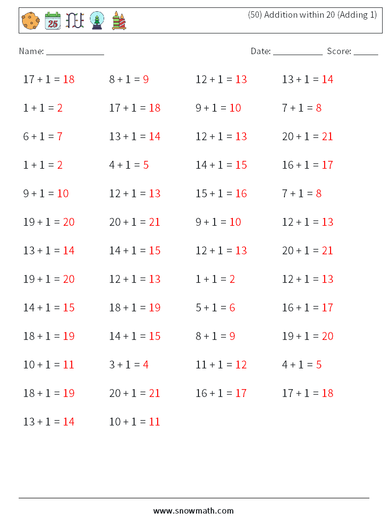 (50) Addition within 20 (Adding 1) Maths Worksheets 9 Question, Answer
