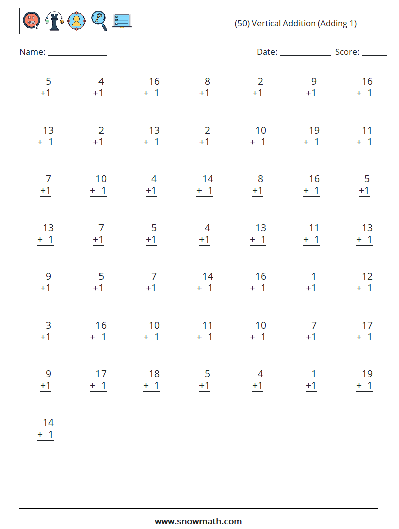 (50) Vertical  Addition (Adding 1) Maths Worksheets 10