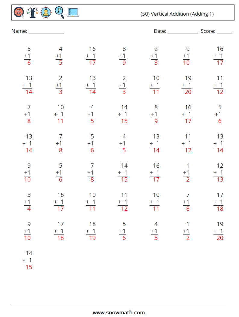 (50) Vertical  Addition (Adding 1) Maths Worksheets 10 Question, Answer