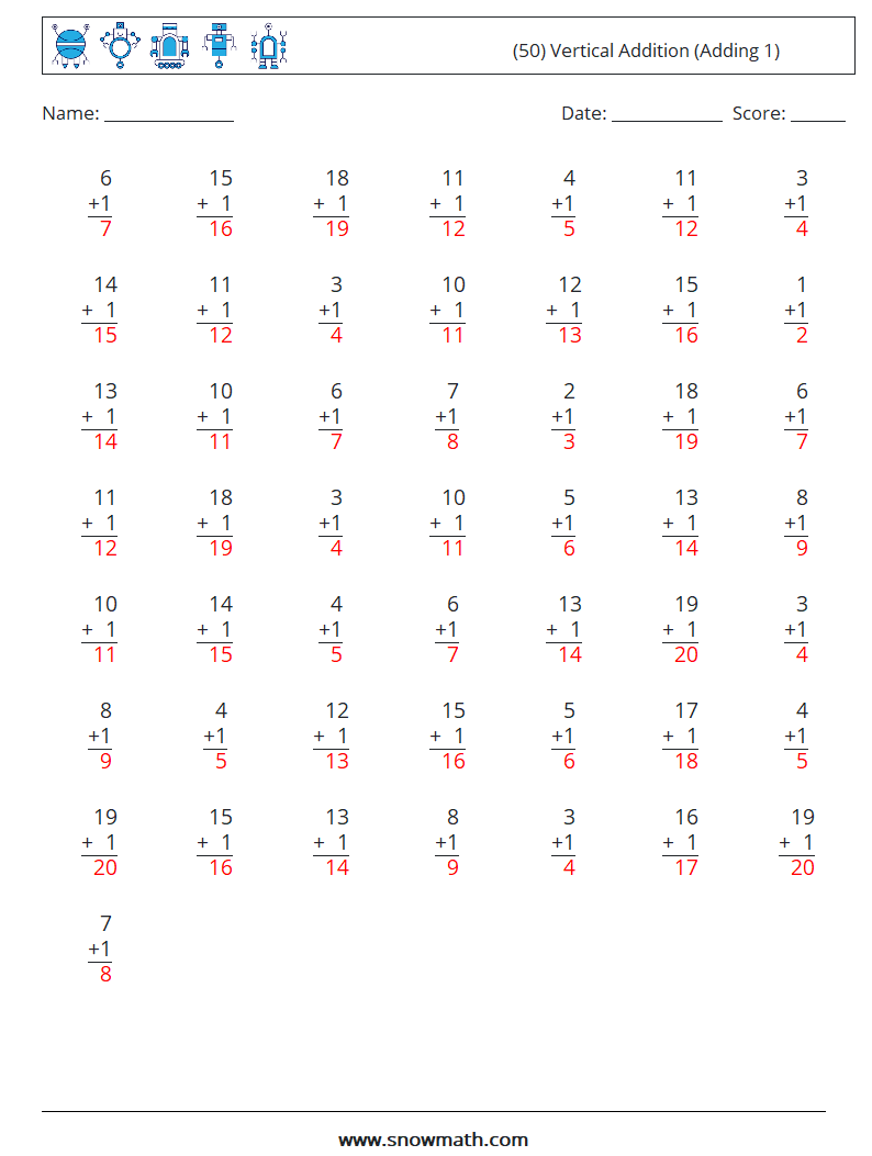 (50) Vertical  Addition (Adding 1) Maths Worksheets 12 Question, Answer