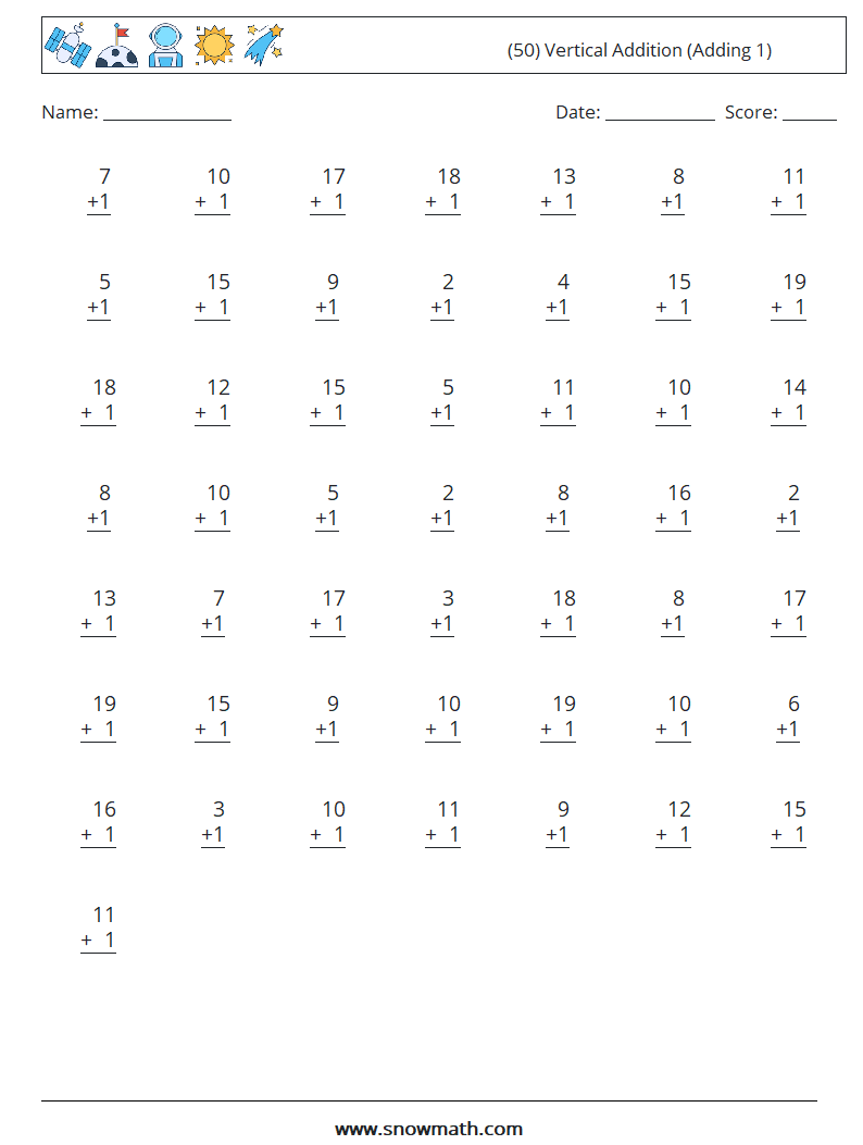 (50) Vertical  Addition (Adding 1) Maths Worksheets 13