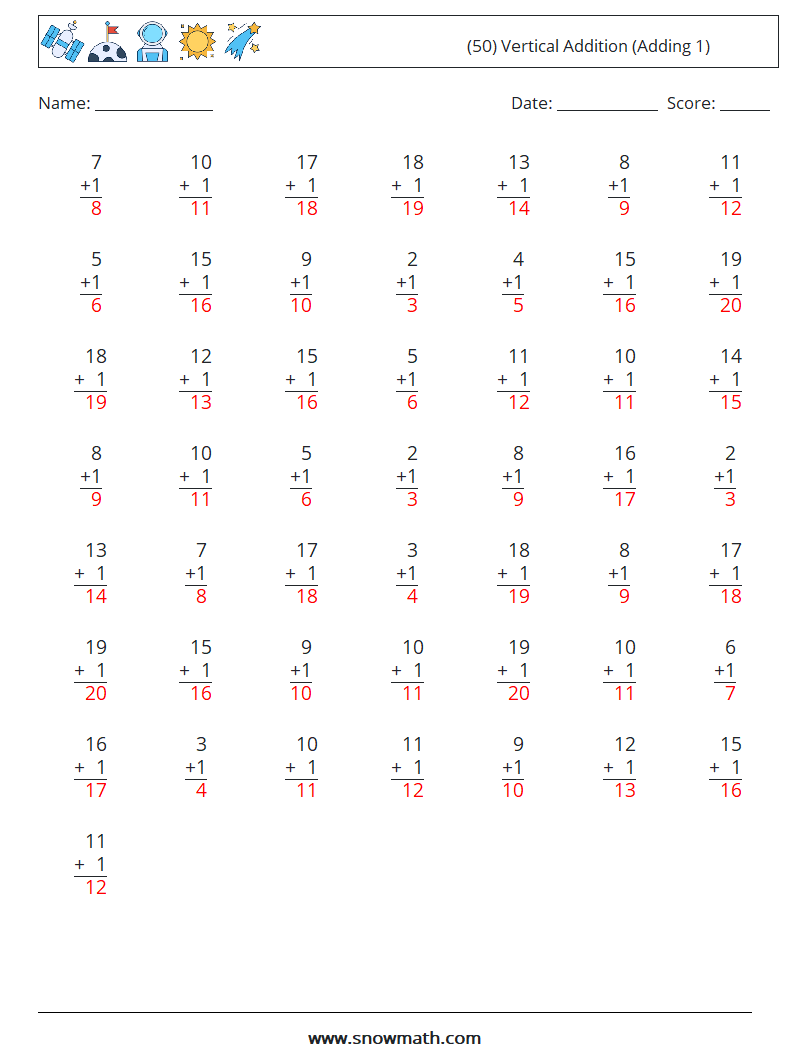 (50) Vertical  Addition (Adding 1) Maths Worksheets 13 Question, Answer