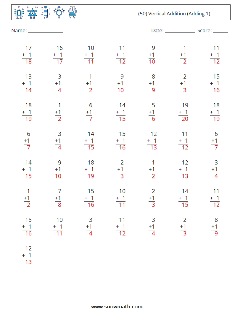 (50) Vertical  Addition (Adding 1) Maths Worksheets 14 Question, Answer