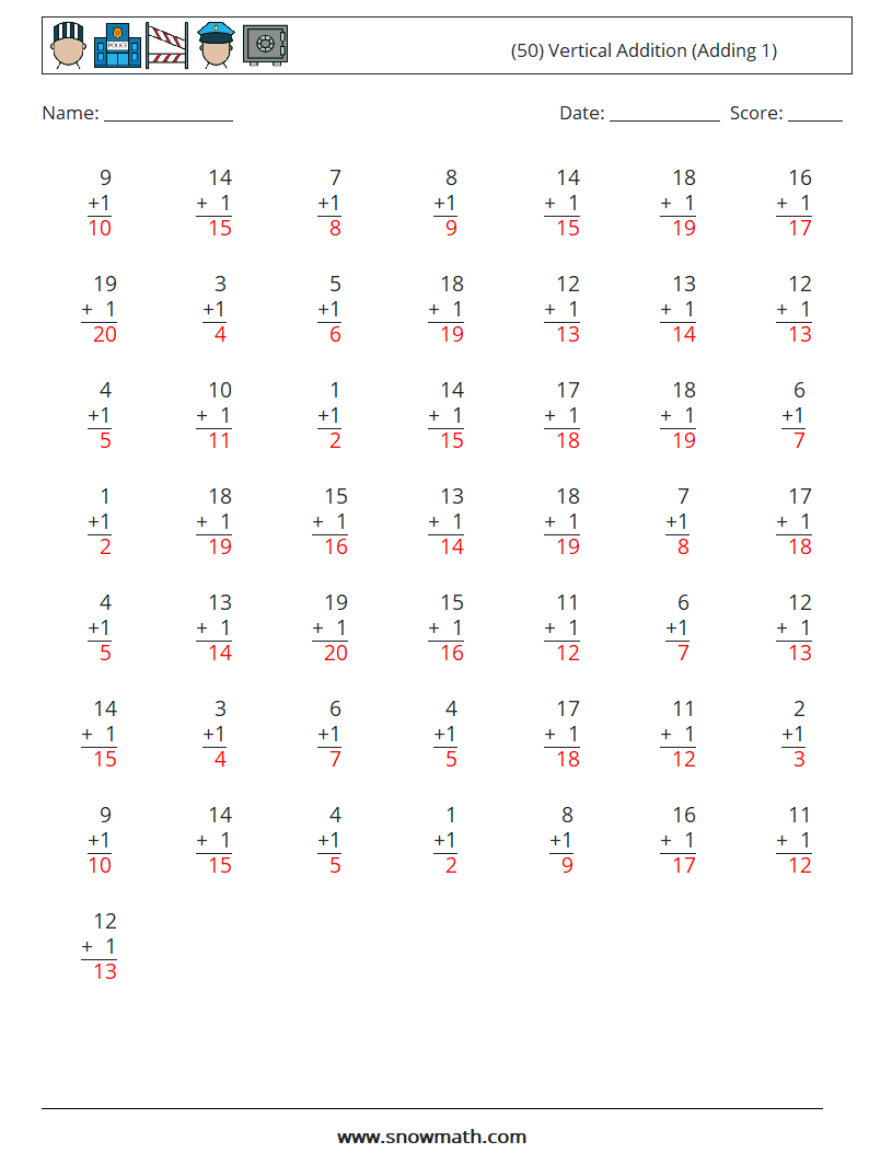 (50) Vertical  Addition (Adding 1) Maths Worksheets 17 Question, Answer