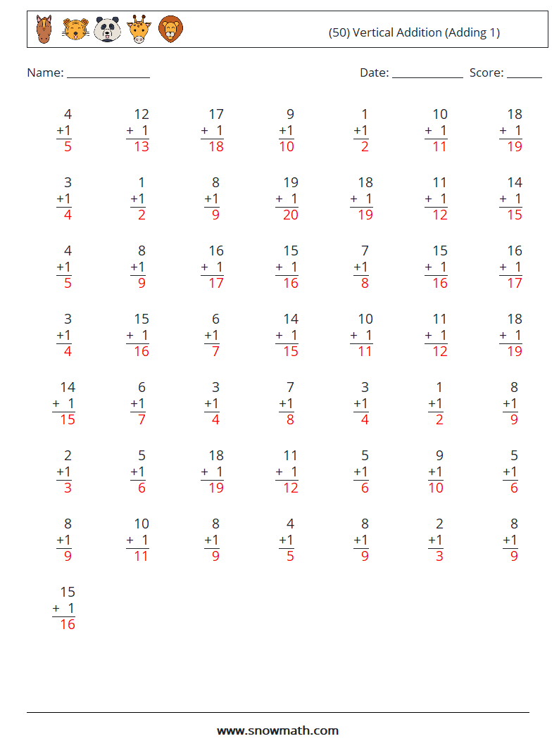 (50) Vertical  Addition (Adding 1) Maths Worksheets 1 Question, Answer