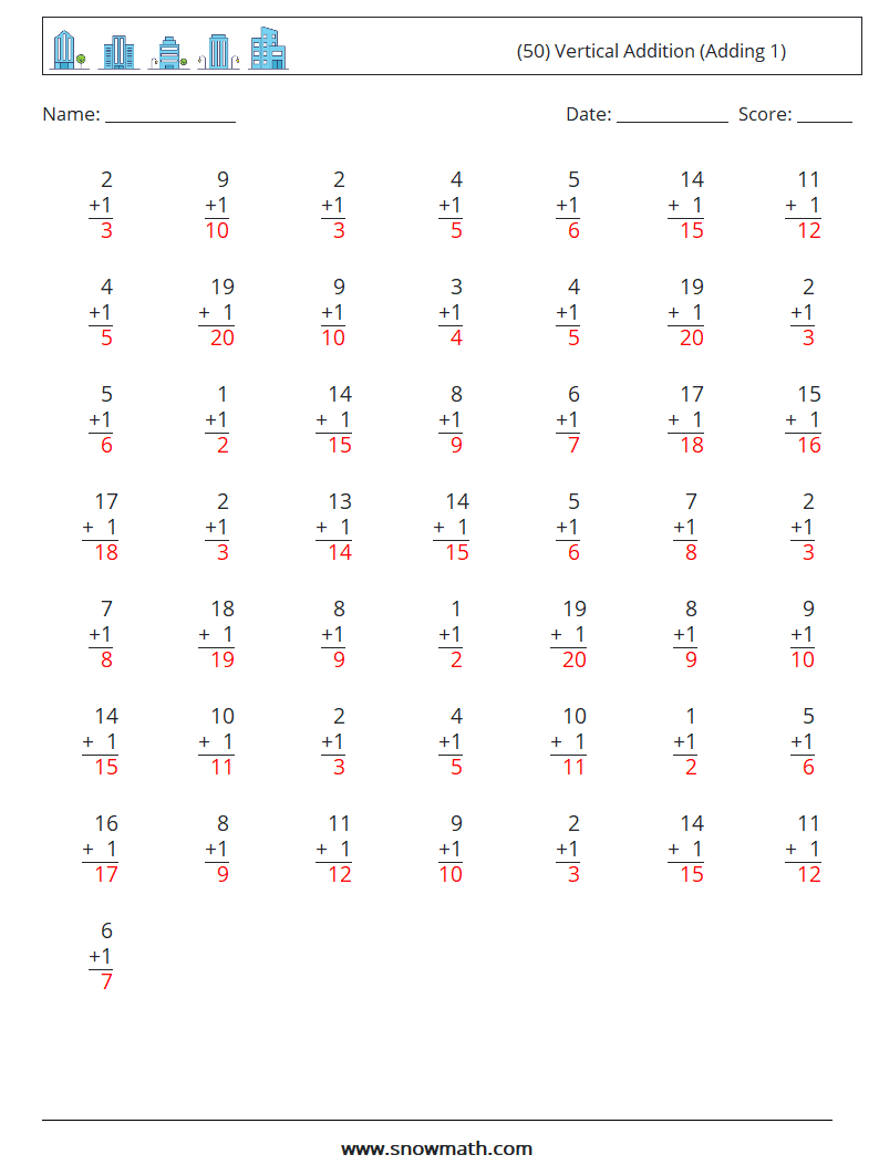 (50) Vertical  Addition (Adding 1) Maths Worksheets 2 Question, Answer