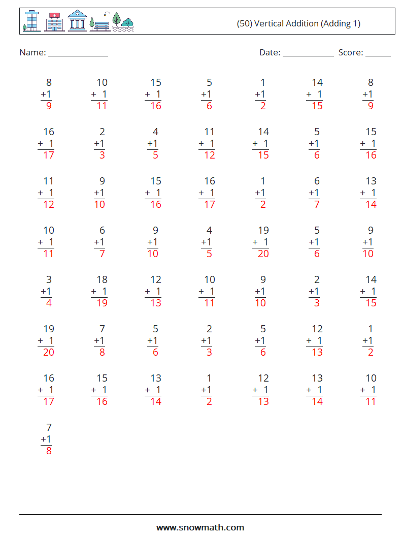 (50) Vertical  Addition (Adding 1) Maths Worksheets 3 Question, Answer