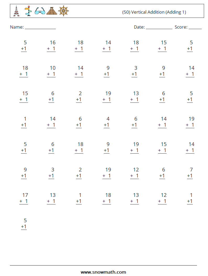 (50) Vertical  Addition (Adding 1) Maths Worksheets 4