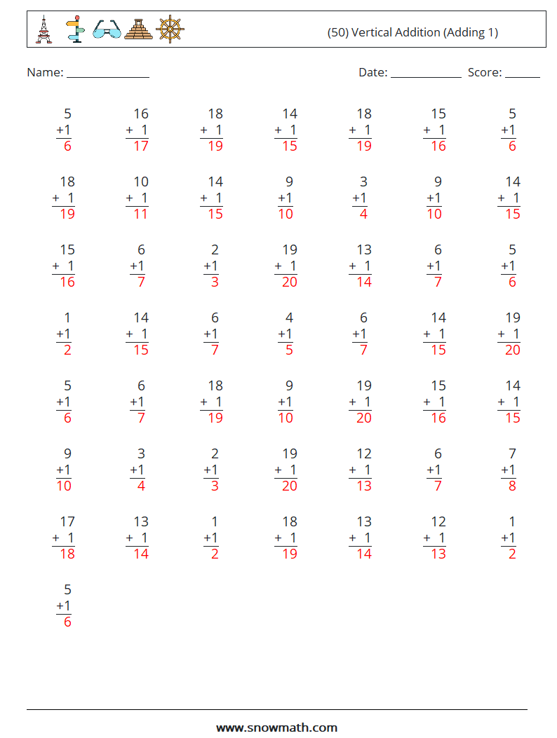 (50) Vertical  Addition (Adding 1) Maths Worksheets 4 Question, Answer