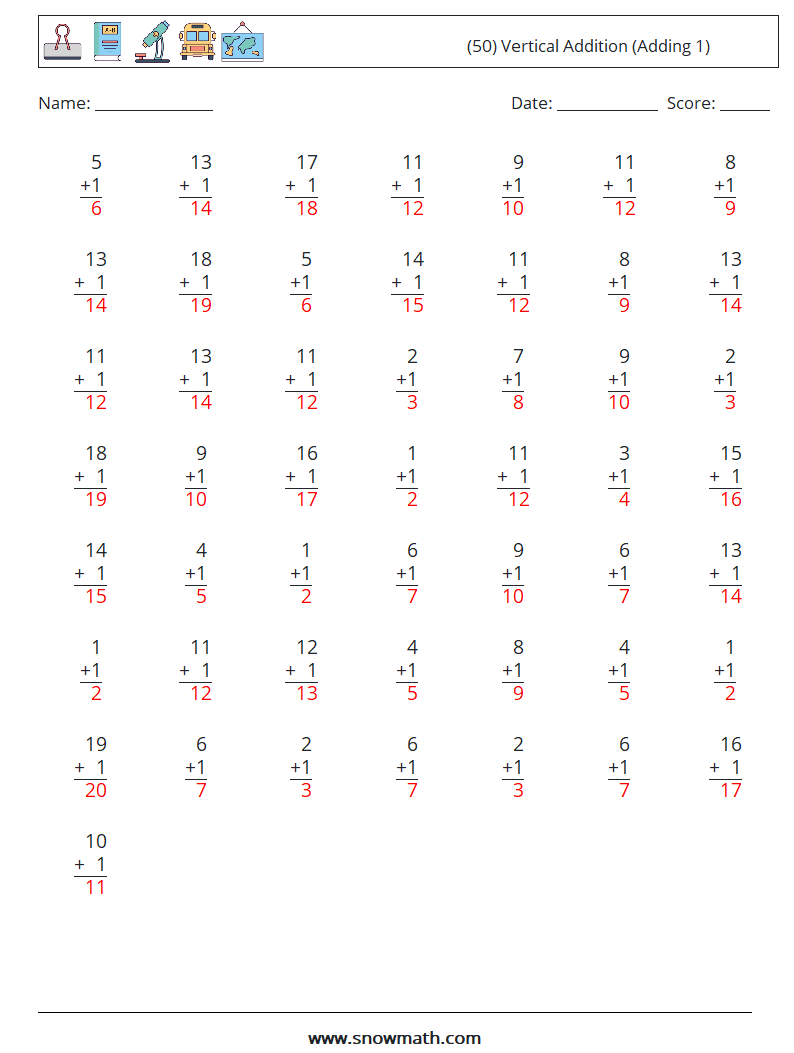 (50) Vertical  Addition (Adding 1) Maths Worksheets 5 Question, Answer