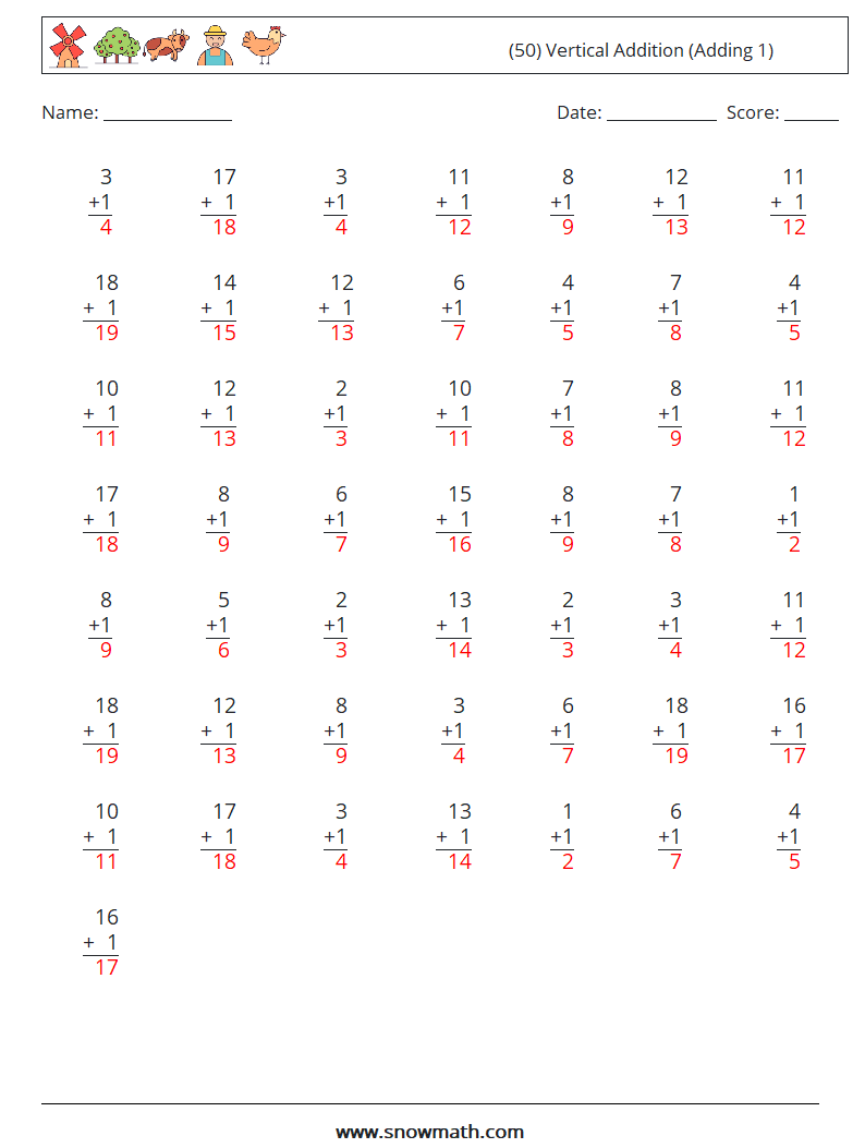 (50) Vertical  Addition (Adding 1) Maths Worksheets 6 Question, Answer