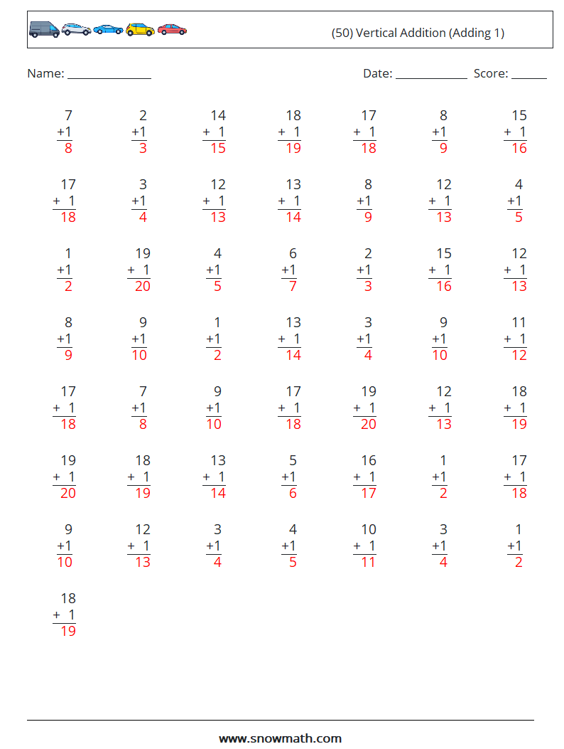 (50) Vertical  Addition (Adding 1) Maths Worksheets 7 Question, Answer